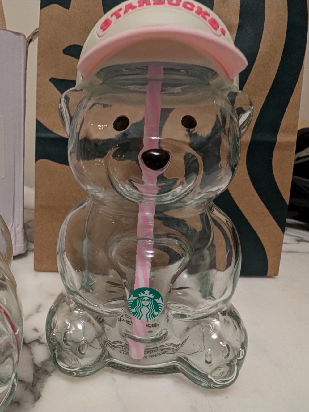 Starbucks Clear Bear Tumbler with Pink Straw and Pink Hat